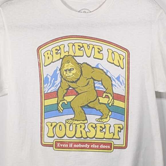 DOM Mens S White Tee Shirt Believe In Yourself Sasquatch Bigfoot Graphic - Picture 3 of 5